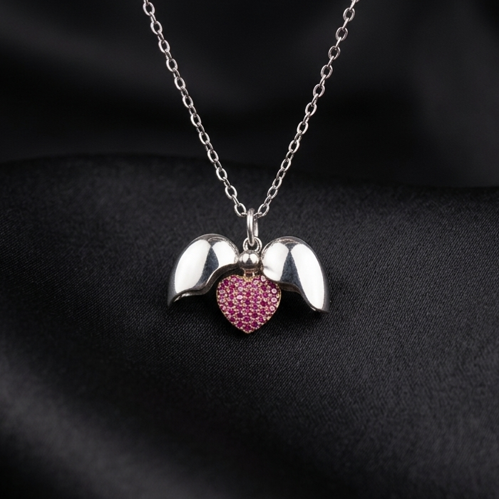 Silver Secret Heart Wings Opening Pendant with Link Chain