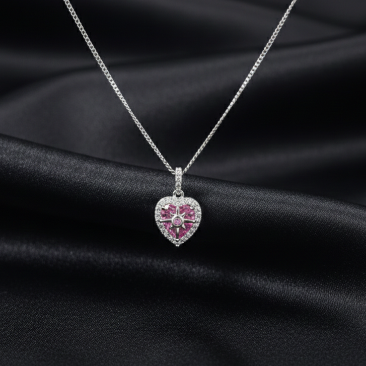 Silver Pink Heart Pendant with Link Chain