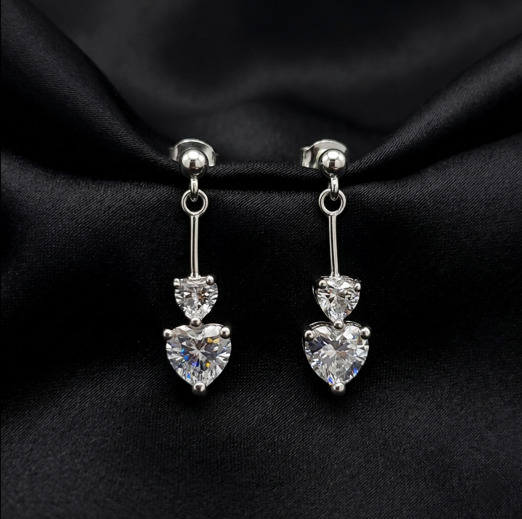 Silver Twin Heart Drop Earrings