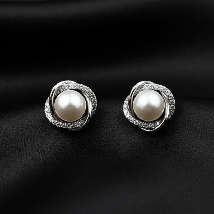 Silver Zircon Twisted Pearl Stud Earrings