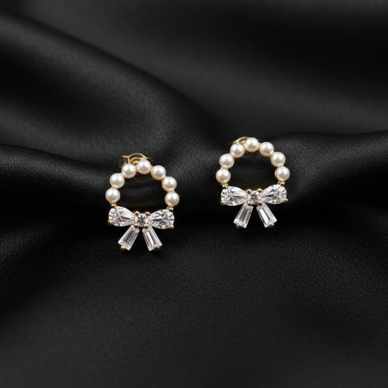 Rose Gold Pearl Bow Stud Earrings