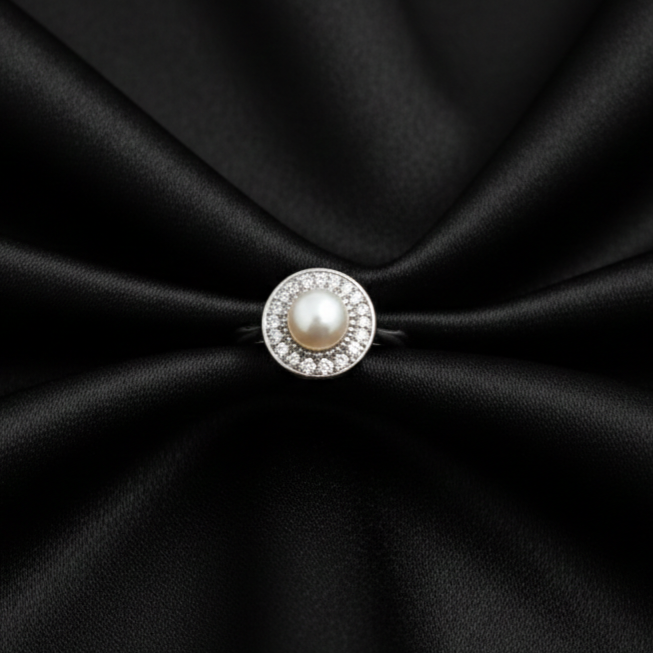 Silver Pearl Halo Adjustable Ring