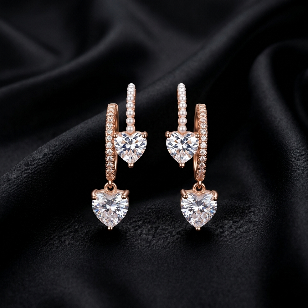 Rose Gold Amara Heart Trio Drop Earrings