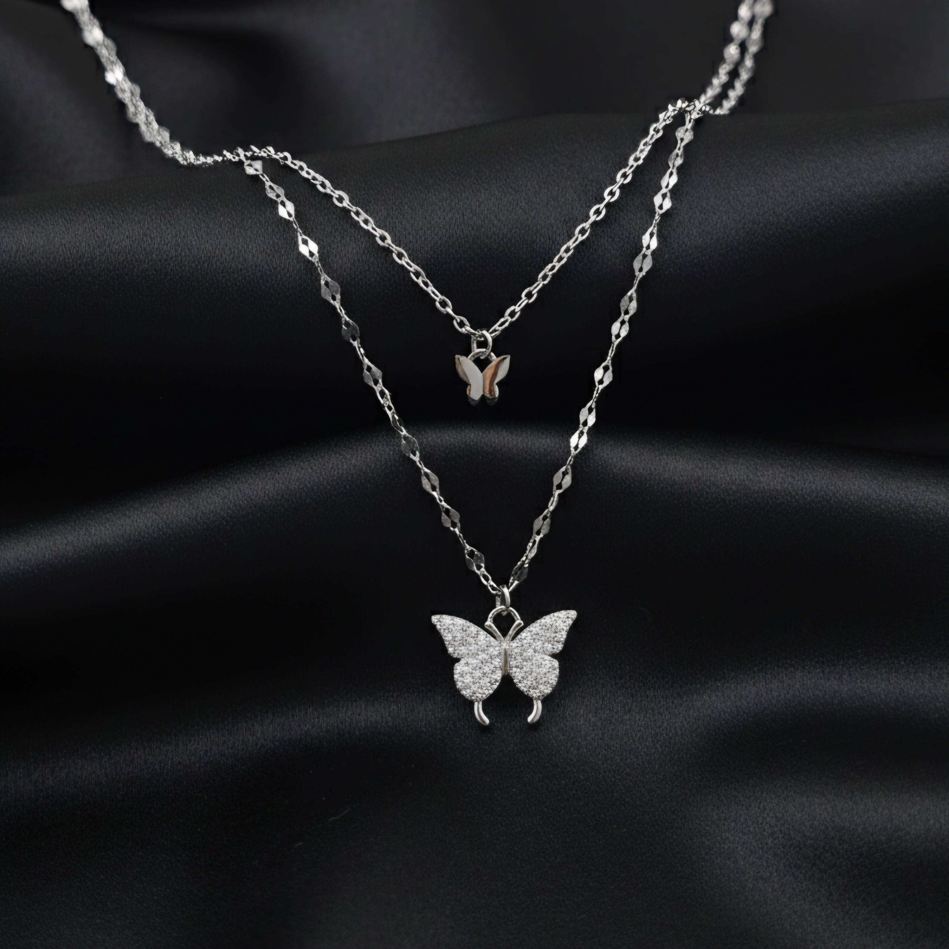 Silver Layered Butterfly Pendant with Link Chain