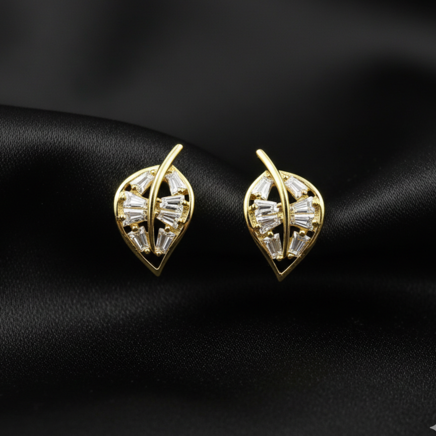 Gold Zircon Leaf Stud Earrings
