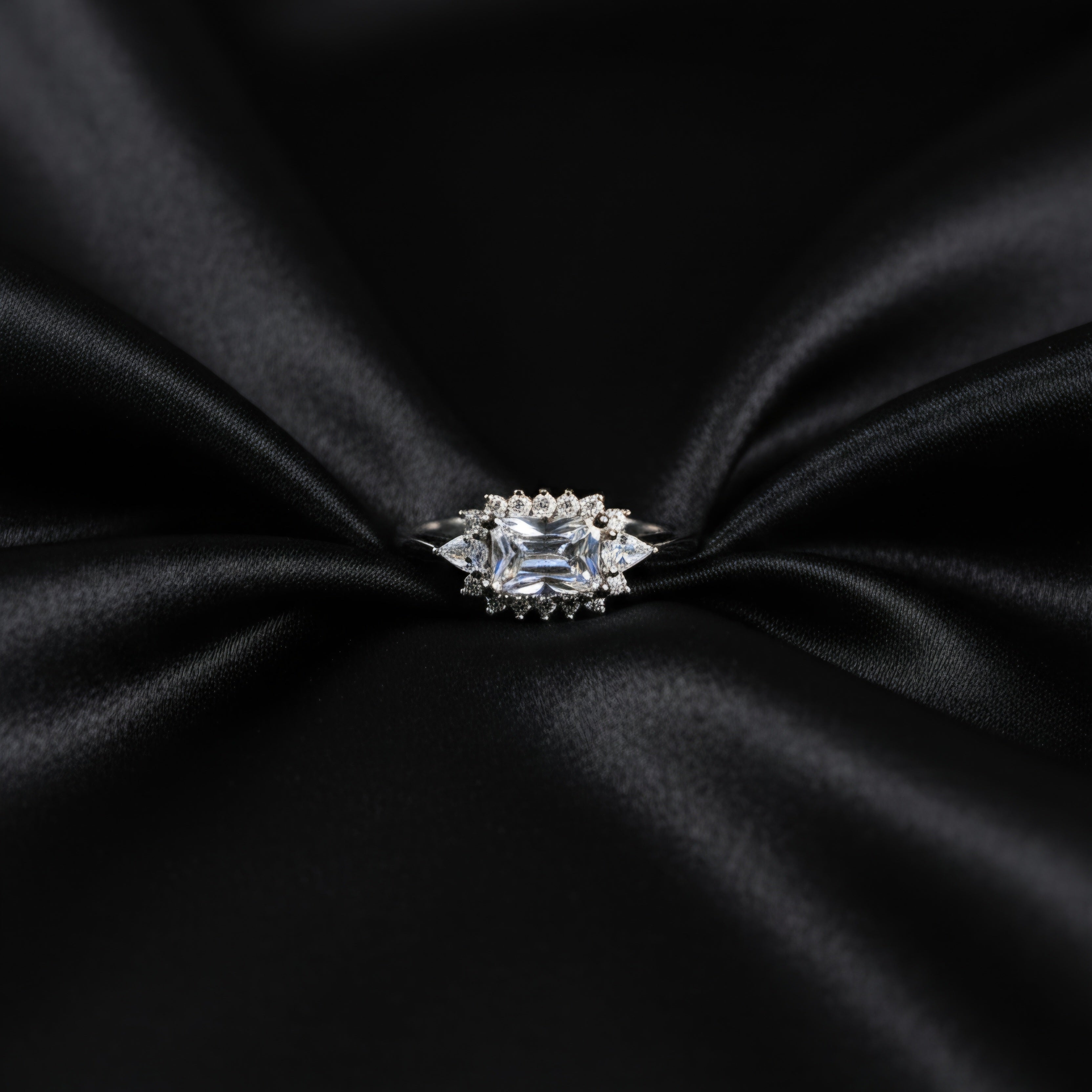 Silver Emerald Cut Halo Adjustable Ring