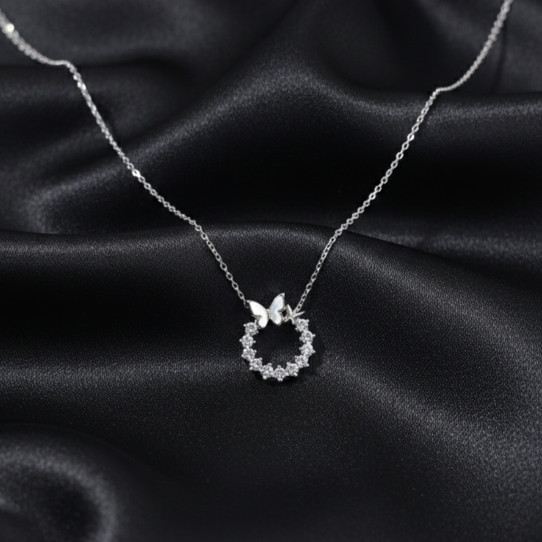 Silver Butterfly Circle Zircon Pendant Necklace