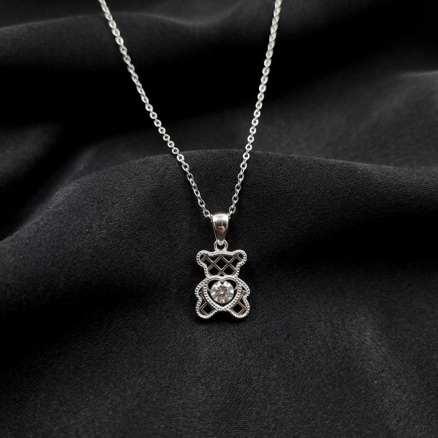 Silver Teddy Heart Zircon Pendant with Link Chain