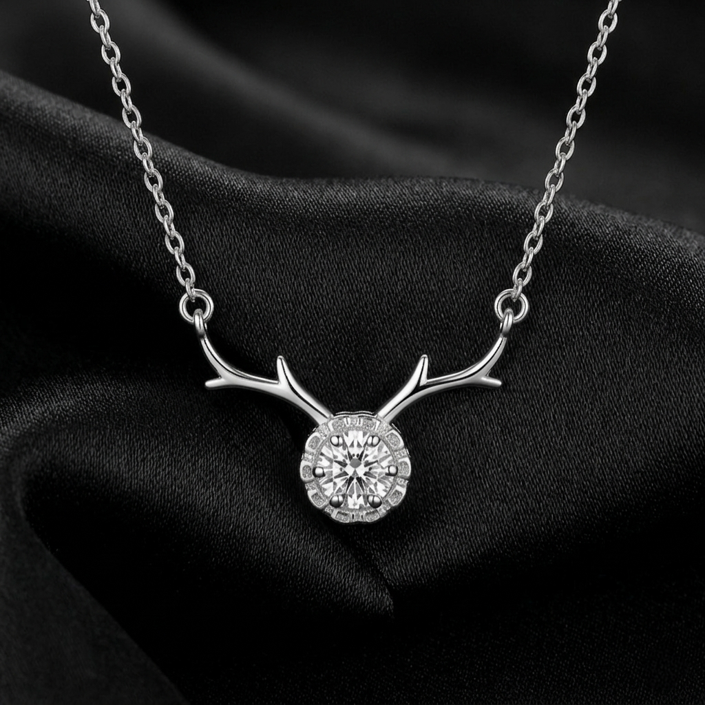 Silver Antler Halo Zircon Pendant Necklace