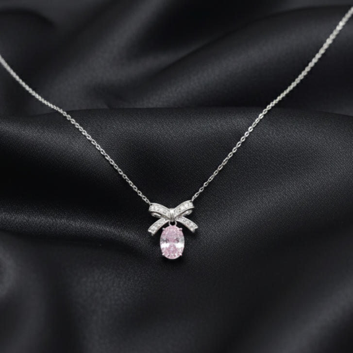 Silver Pink Zircon Bow Pendant Necklace