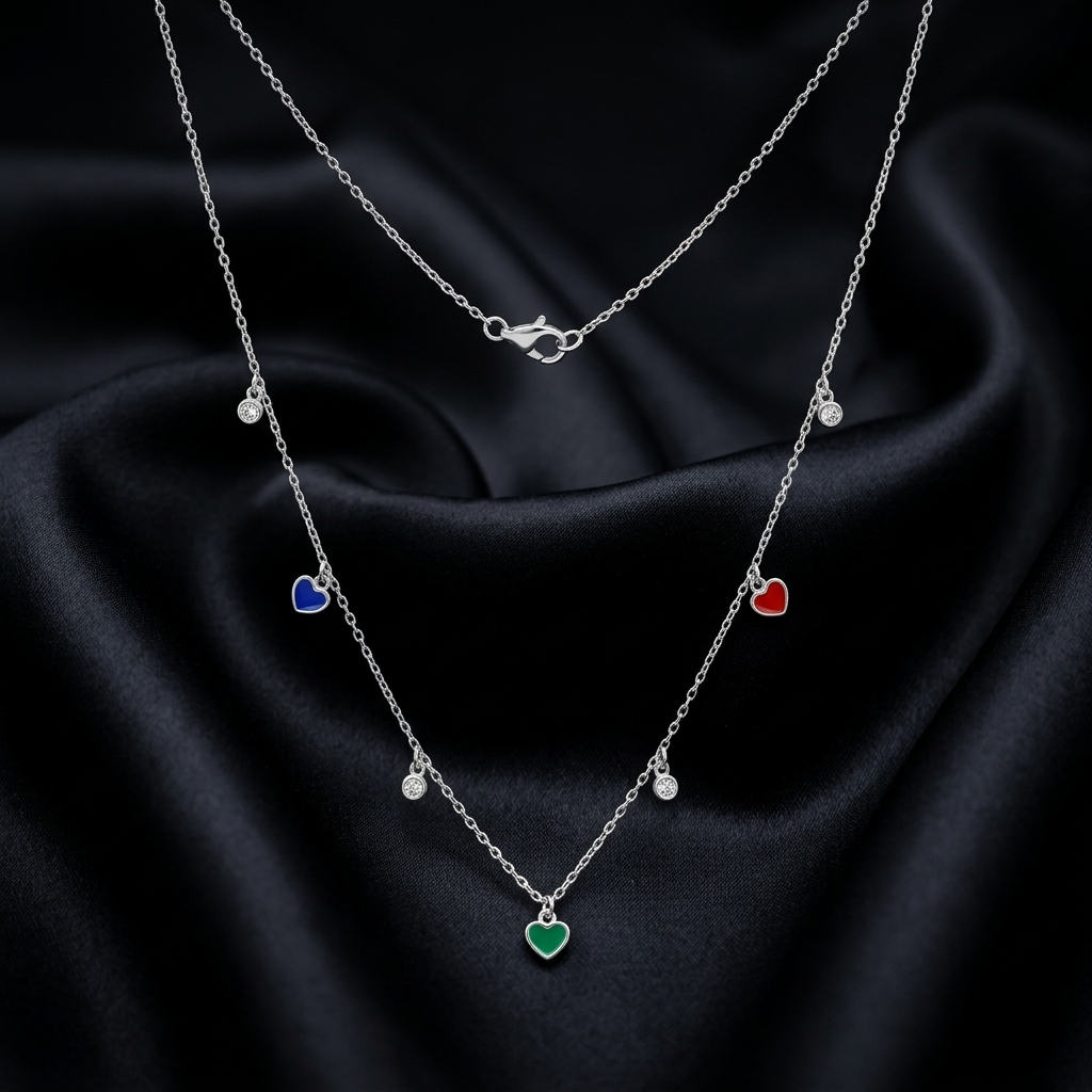 Silver Multicolor Heart Charm Necklace