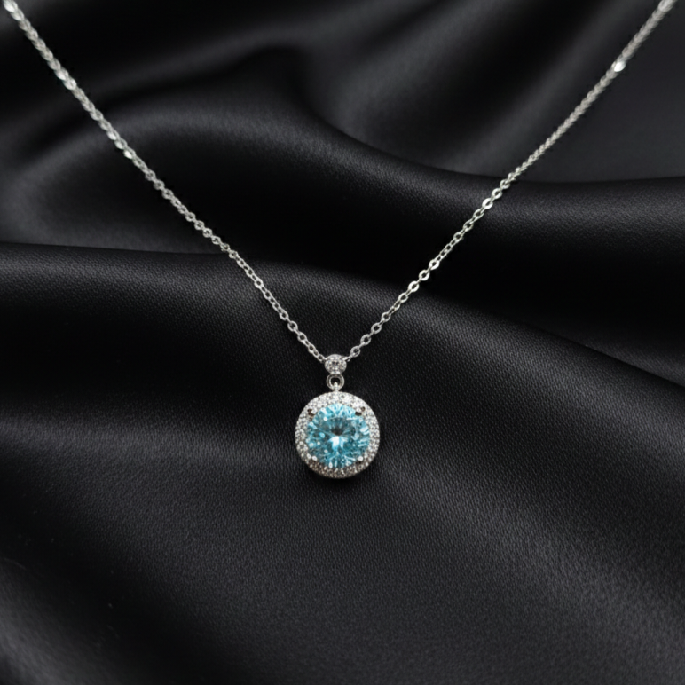 Silver Blue Zircon Halo Pendant Necklace