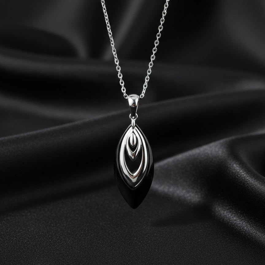 Silver Black Layered Drop Pendant with Link Chain