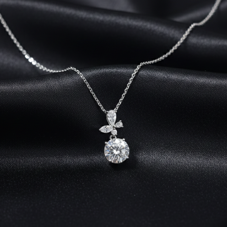 Silver Zircon Solitaire Drop Pendant with Link Chain