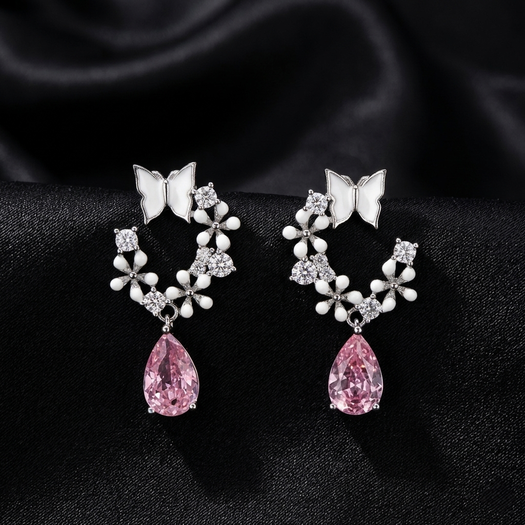 Silver Roselle Bloom Drop Butterfly Earrings