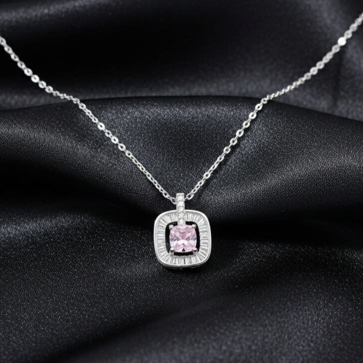 Silver Blush Square Halo Pendant with Link Chain