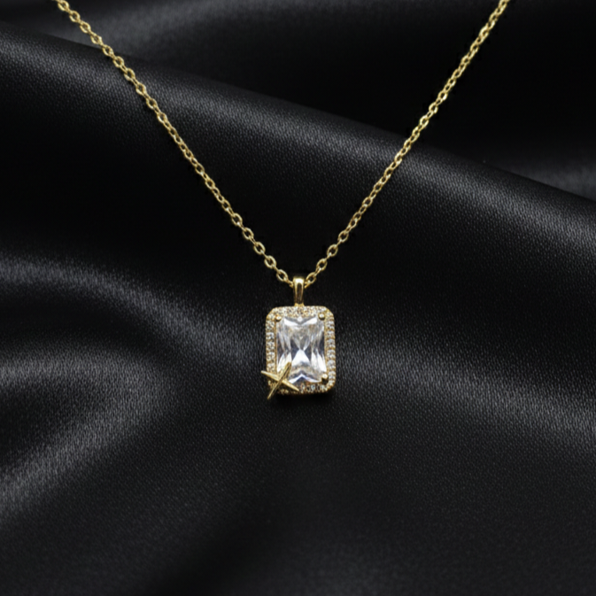 Golden Radiance Emerald-Cut Zircon Pendant with Link Chain