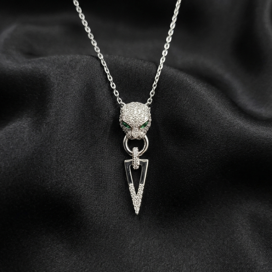 Silver Panther Edge Zircon Pendant Necklace