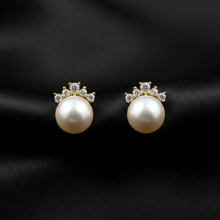 Gold Pearl Crown Stud Earrings