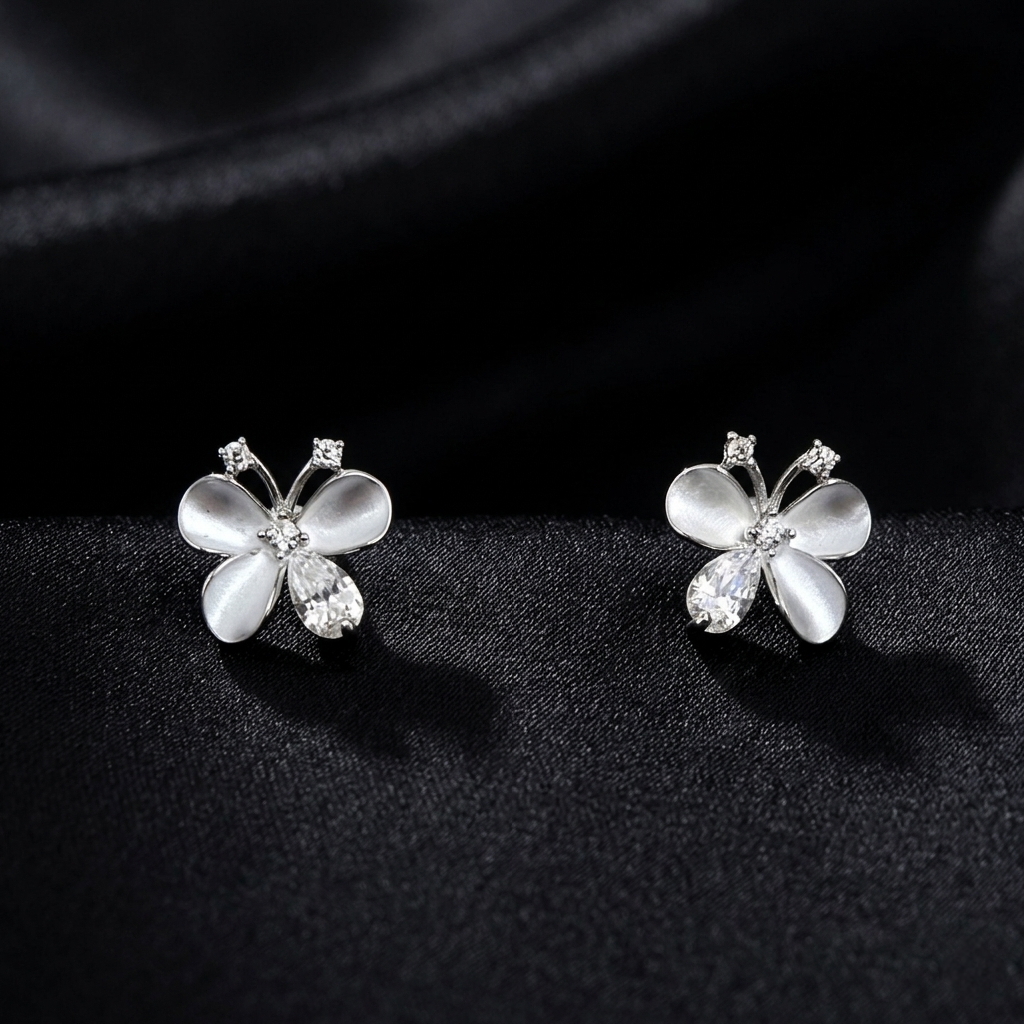 Silver Flutter Dew Butterfly Stud Earrings
