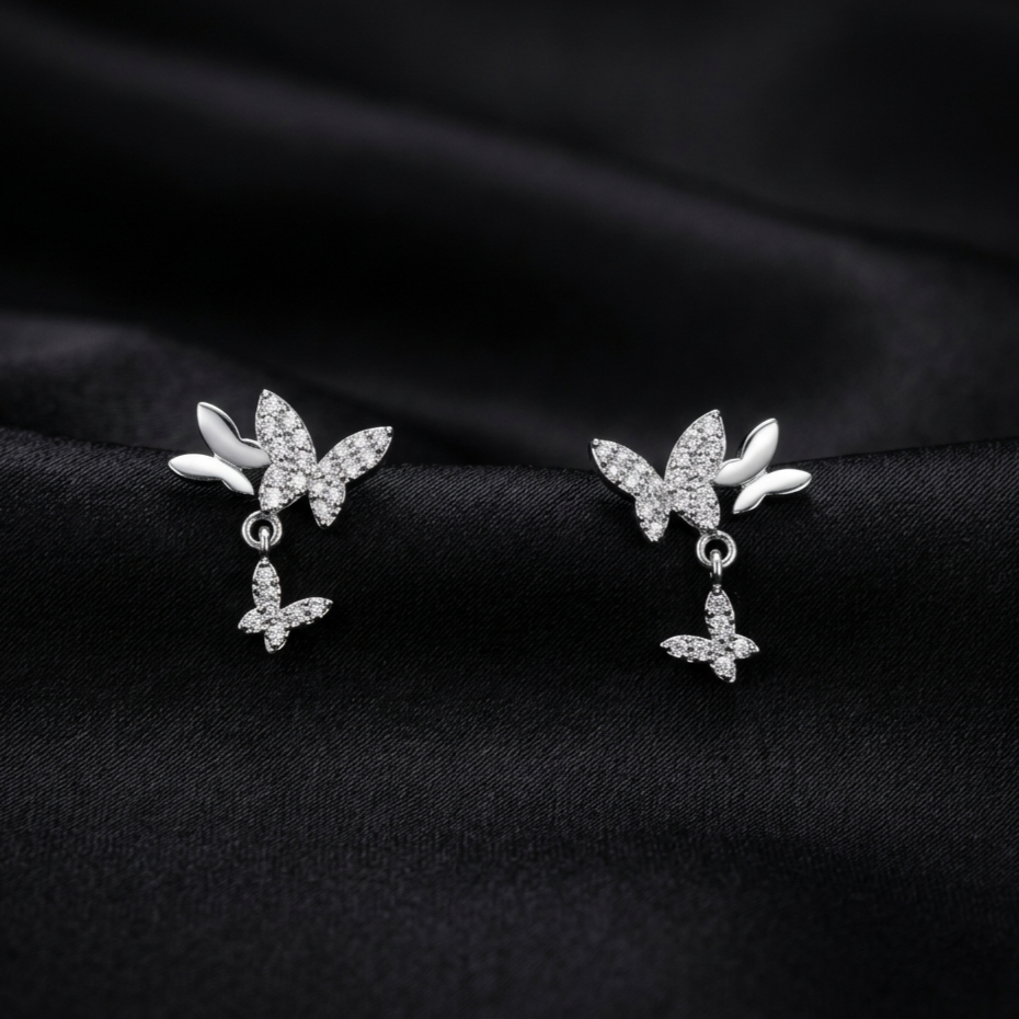 Silver Flutter Duo Butterfly Drop Earrings