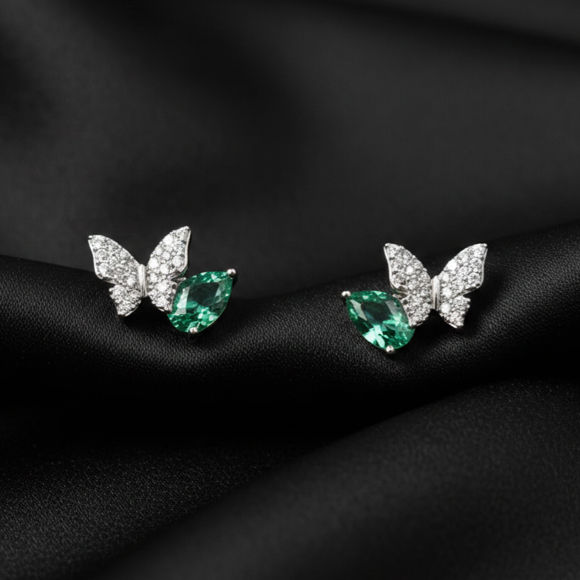 Silver Zircon Butterfly Emerald Stud Earrings