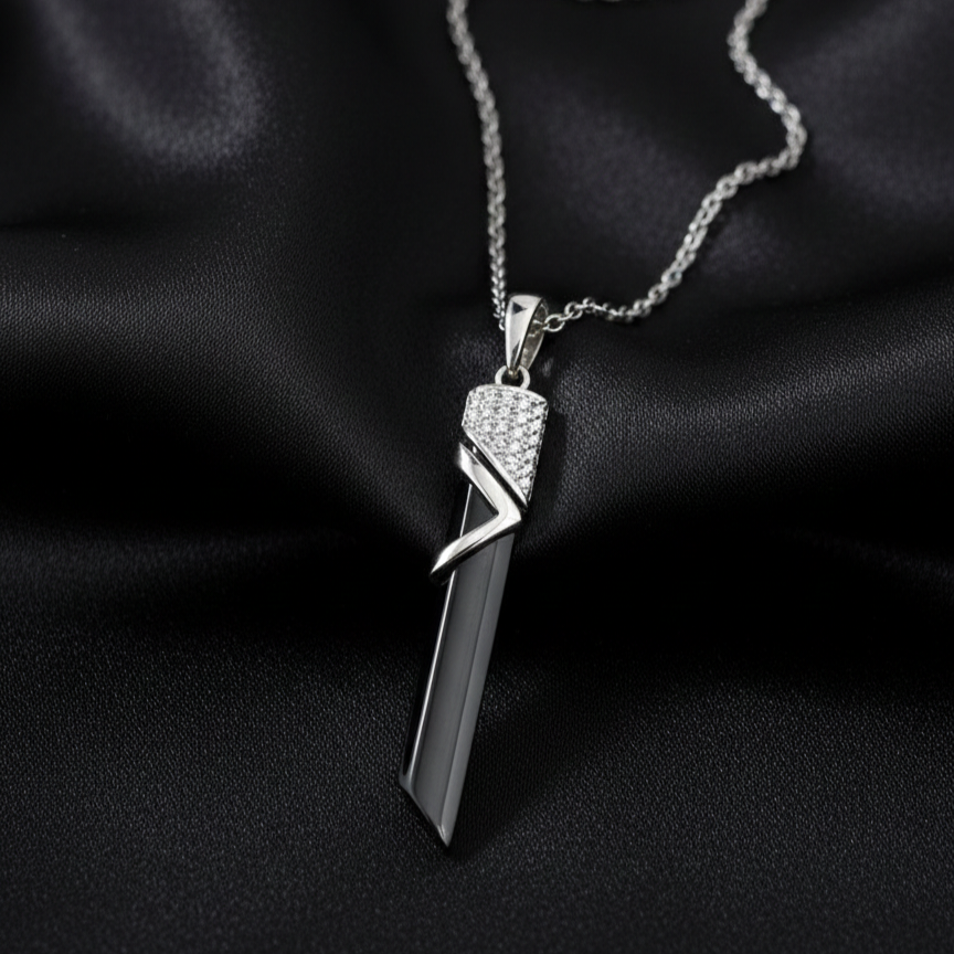 Silver Black Blade Zircon Pendant with Link Chain