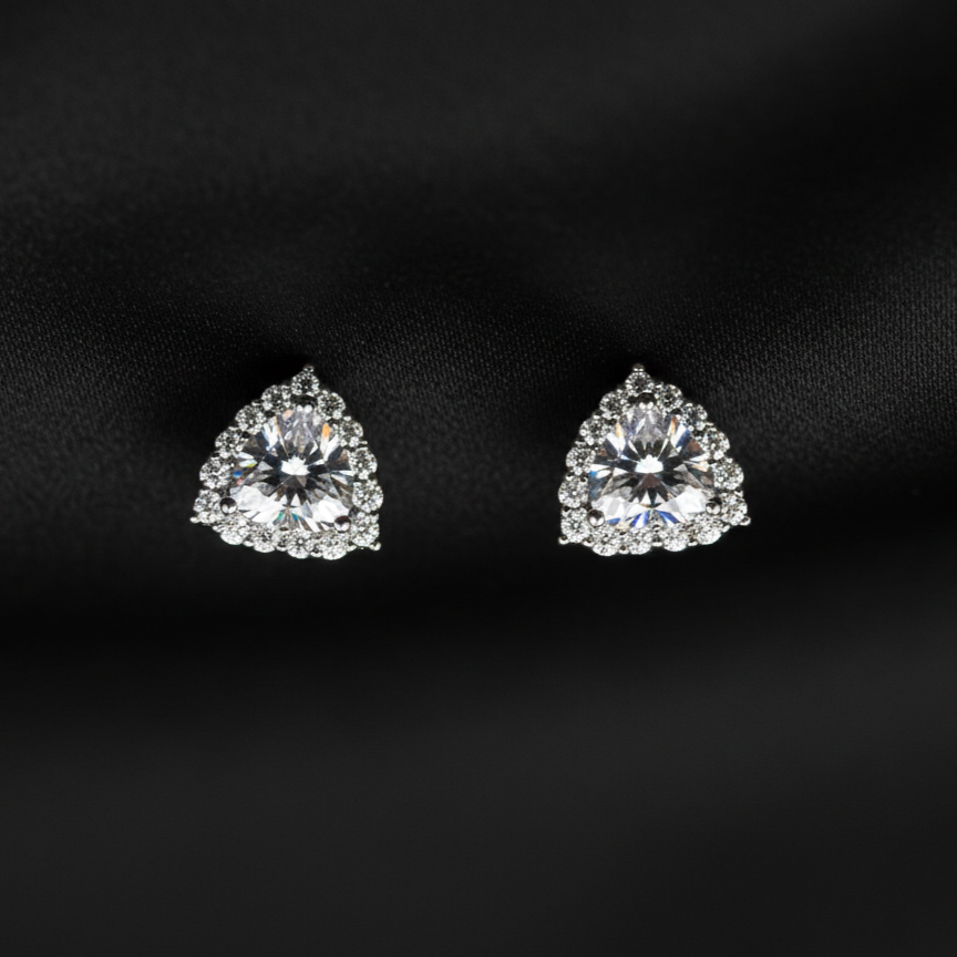 Silver Zircon Triangle Halo Stud Earrings