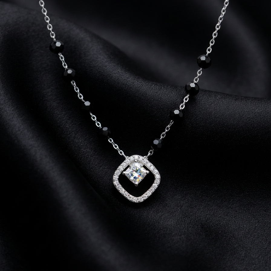 Silver Zircon Square Halo Mangalsutra
