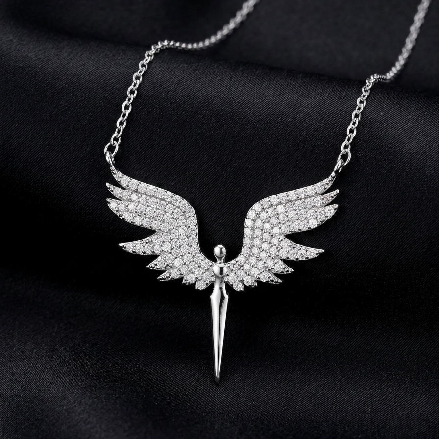 Silver Angel Wing Zircon Pendant Necklace