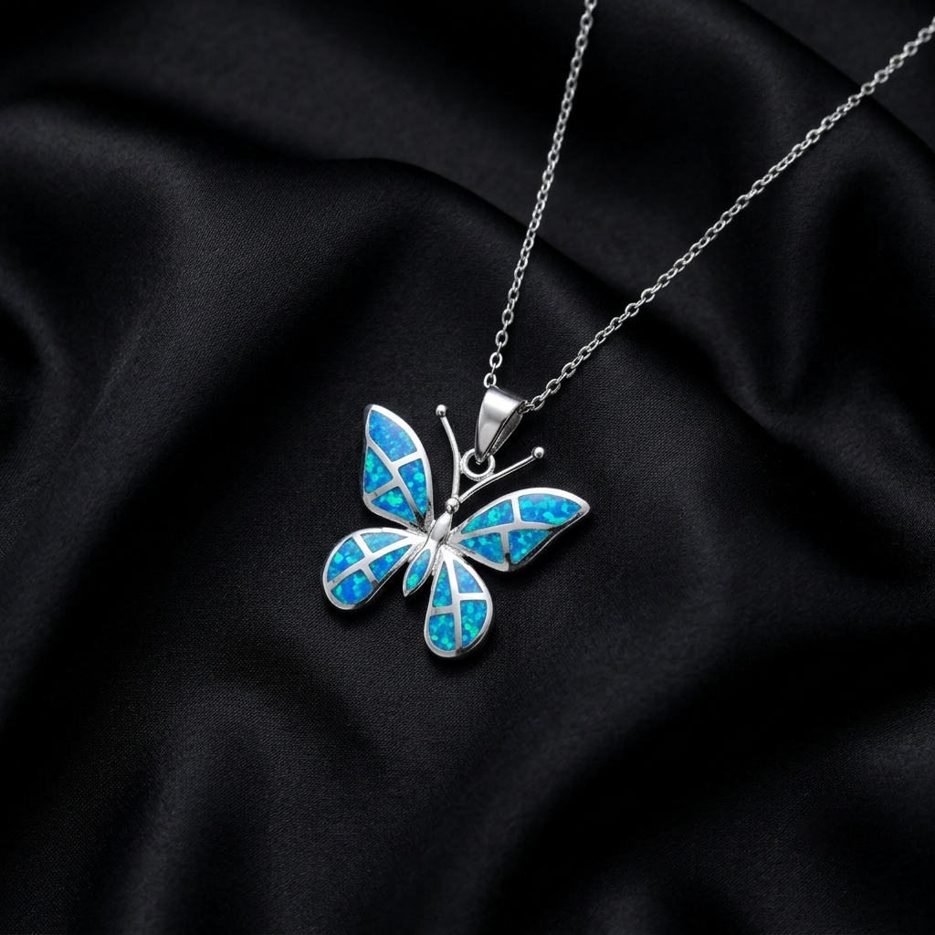 Silver Ocean Butterfly Pendant with Link Chain