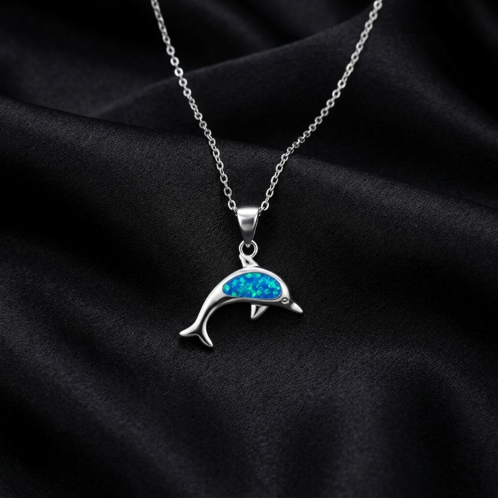 Silver Ocean Glow Dolphin Pendant with Link Chain