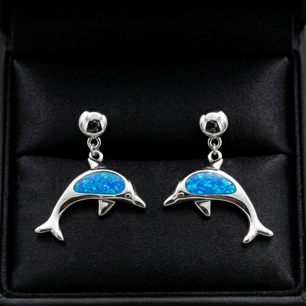 Silver Ocean Glow Dolphin Drop Earrings
