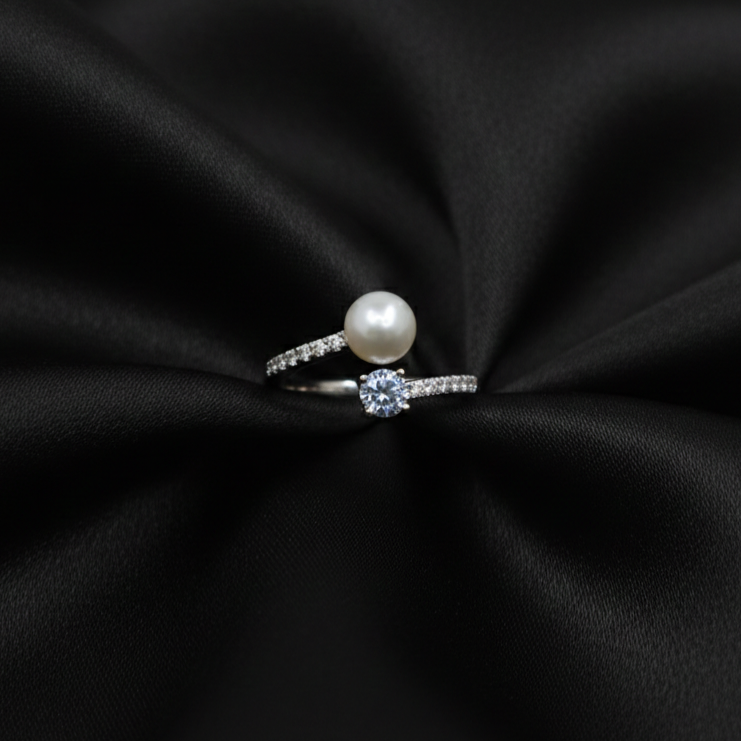 Silver Dual Elegance Pearl Adjustable Ring