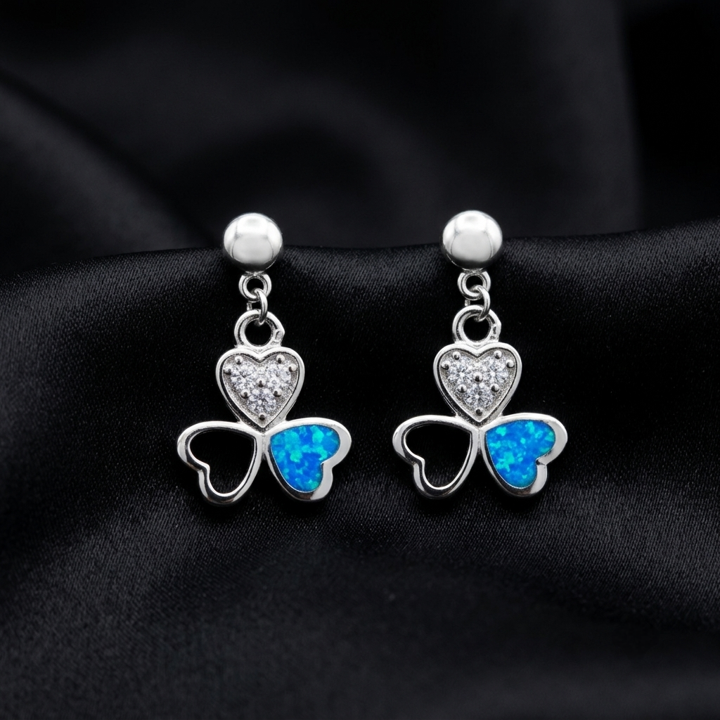 Silver Opal Clover Drop Earrings