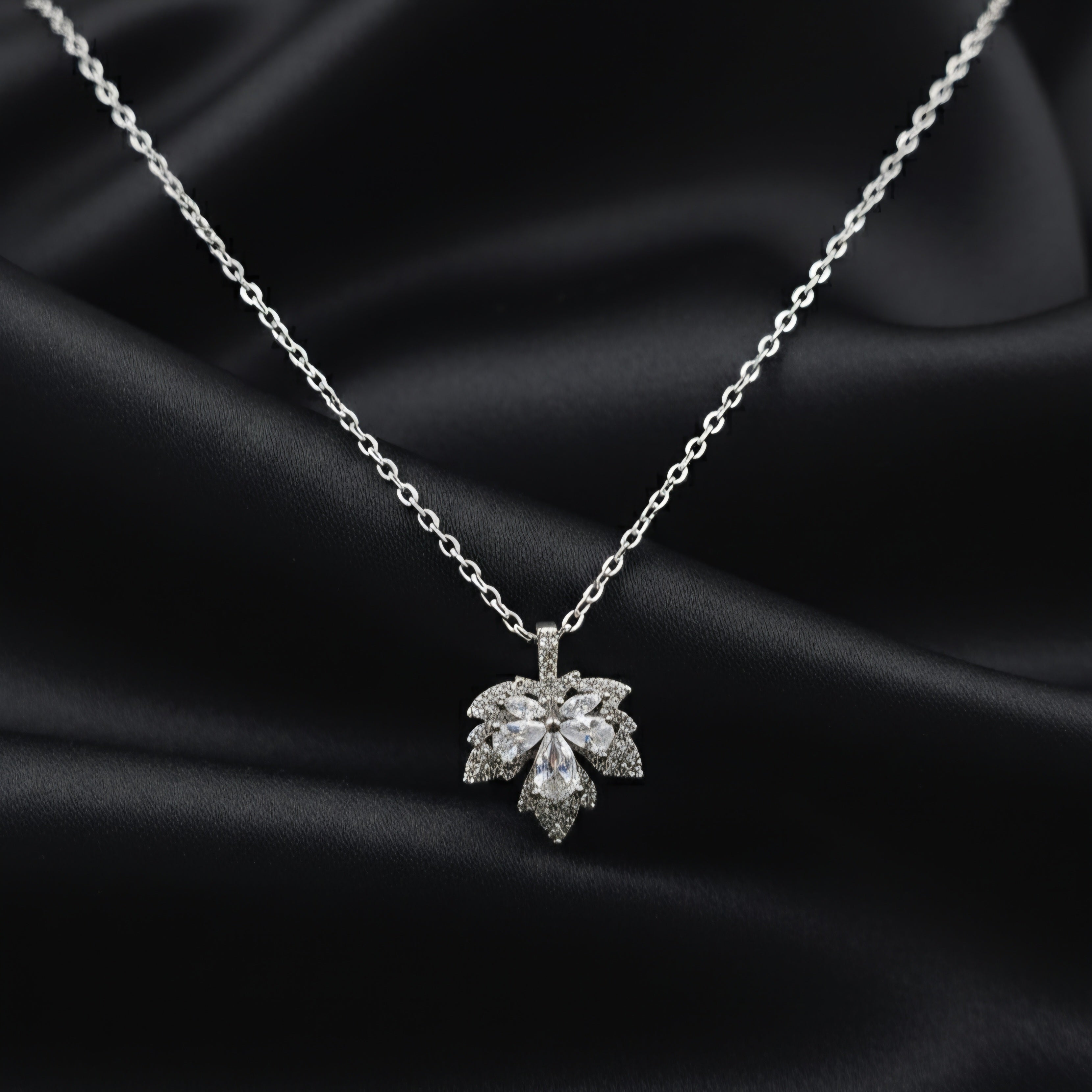 Silver Floral Leaf Zircon Pendant with Link Chain